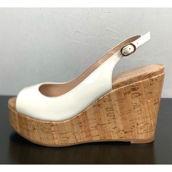 Stuart Weitzman Riveria Patent Leather Wedge Slingback Sandals White 6.5 - Picture 7 of 10